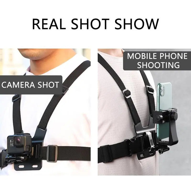 Phone & Action Camera Chest Mount Harness – 360° Holder, J-Hook, Adjustable Strap | GoPro, Insta360, DJI, Smartphones