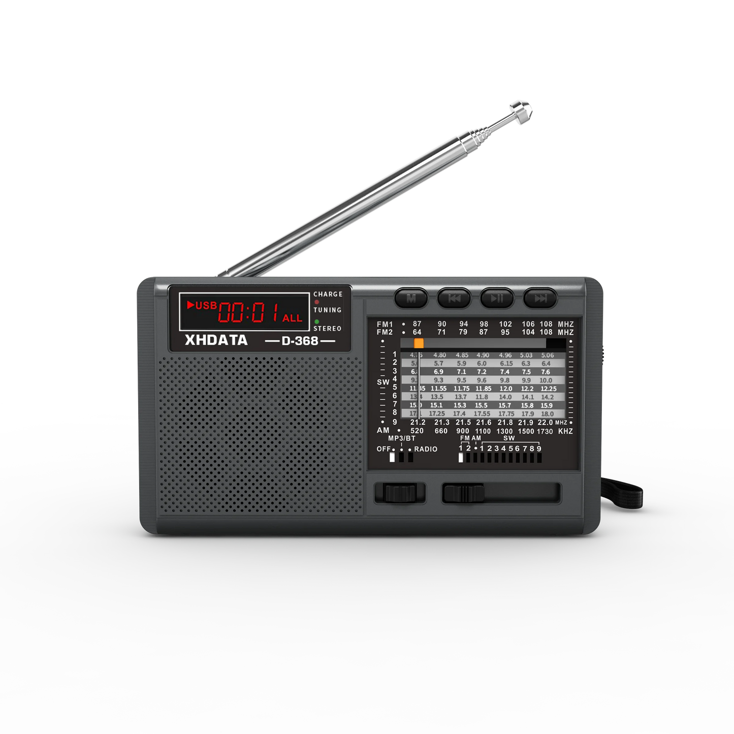 XHDATA D-368 Portable AM/FM/SW 12-Band Radio – Bluetooth, MP3, TF Card, USB, Type-C Charging | DSP Chip