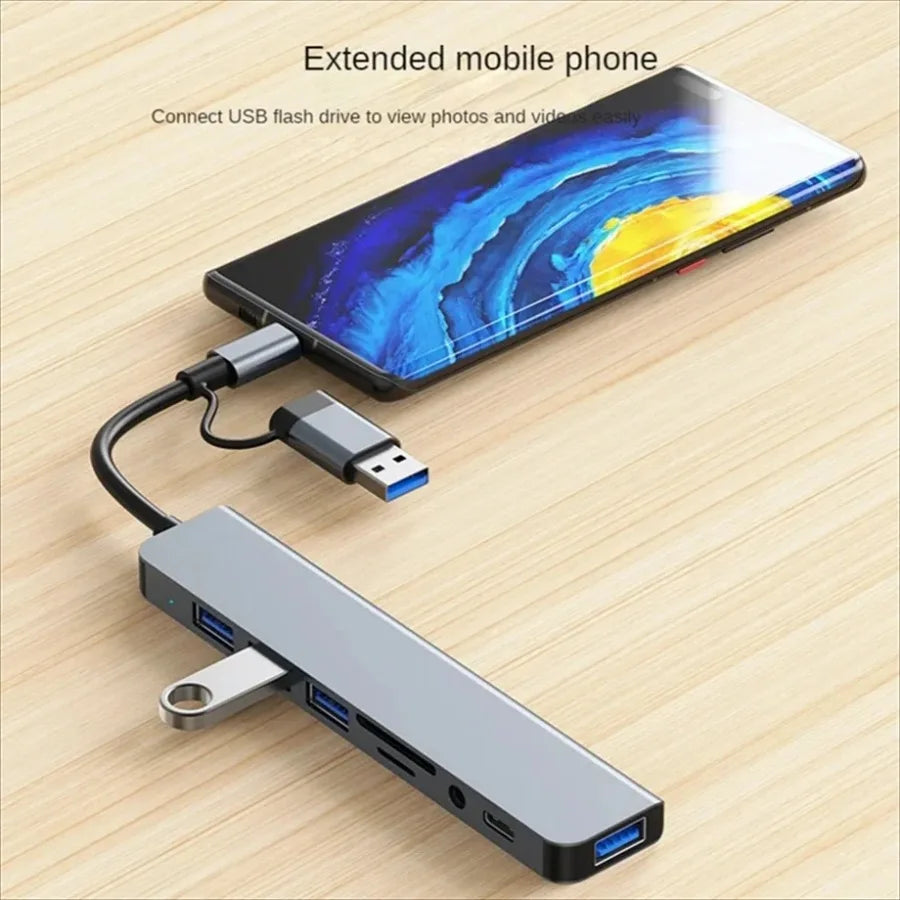 8-in-2 USB-C Hub – USB 3.0, USB 2.0 x3, USB-C, SD/TF Card Reader, 3.5mm Audio, Aluminum Docking Station
