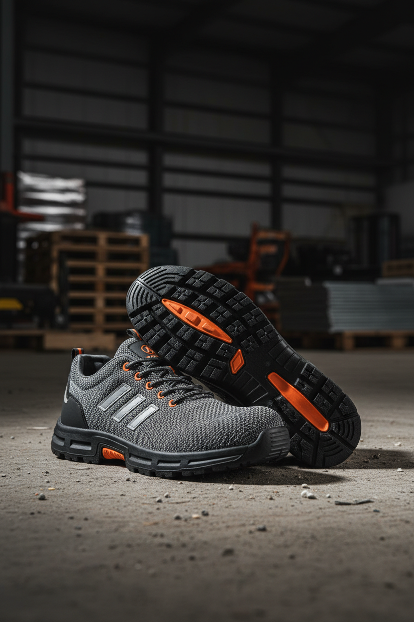 Non-slip safety work shoes on a concrete warehouse floor showing grip sole detail