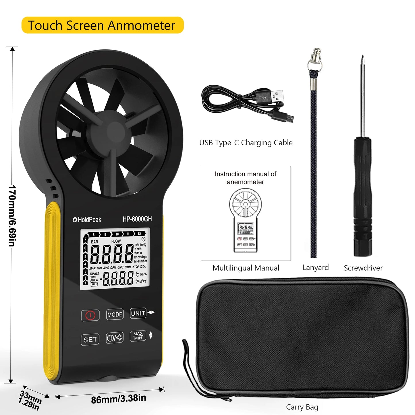 Digital Anemometer with Temperature & Airflow Measurement, Backlight, MAX/MIN, Type-C Charging, IP67 Waterproof for HVAC/Drones