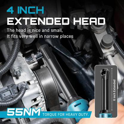 Seesii 12V Cordless Extended Ratchet Wrench – 6" Long Reach, 54N.m, 3/8" Drive, 2 Batteries Included