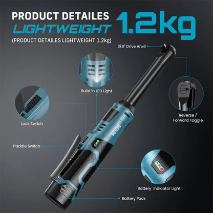Seesii 12V Cordless Extended Ratchet Wrench – 6" Long Reach, 54N.m, 3/8" Drive, 2 Batteries Included