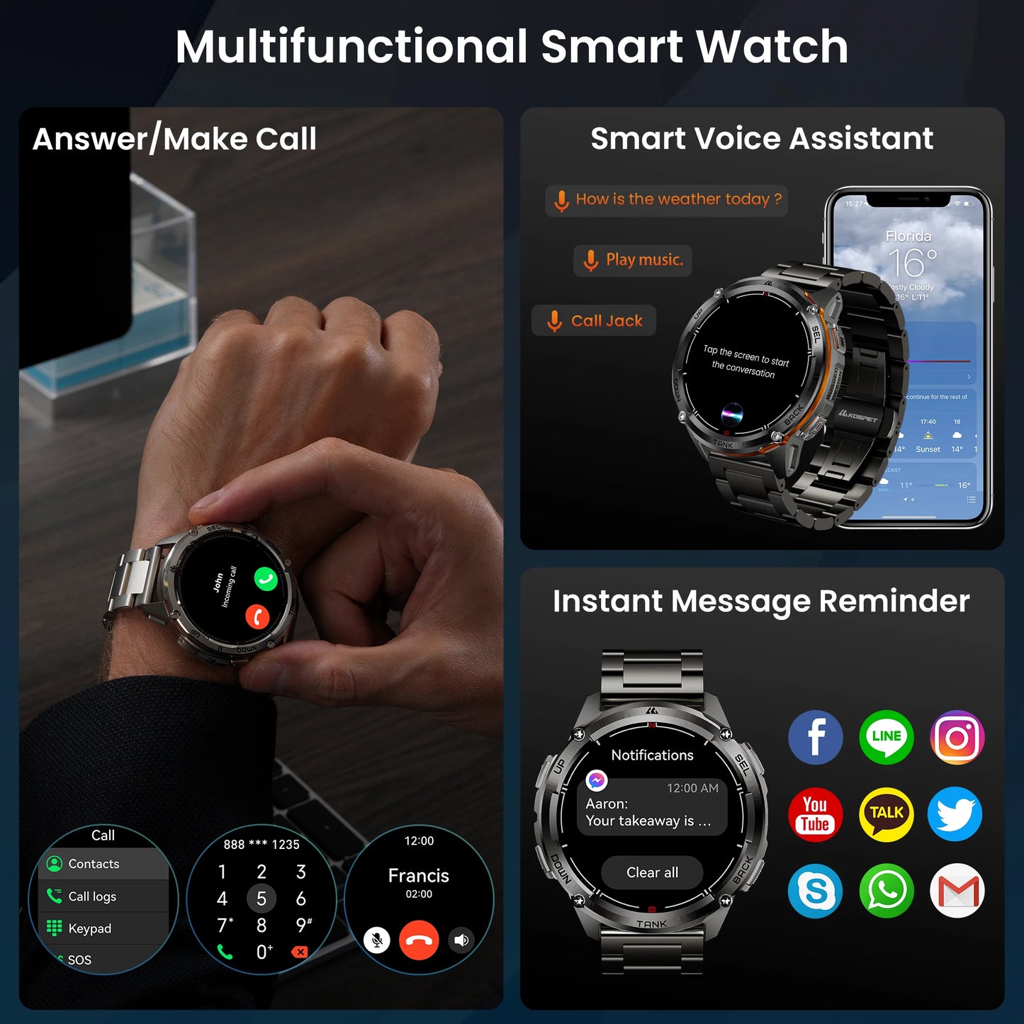 KOSPET TANK T3 Ultra 2 GPS Rugged Smartwatch – AMOLED, Bluetooth Calling, 5ATM Waterproof