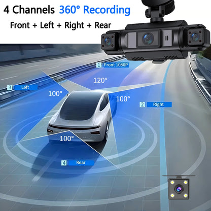 4-Channel WiFi Dashcam – 1080P FHD, Front/Left/Right/Rear, Night Vision, Loop Recording, G-Sensor