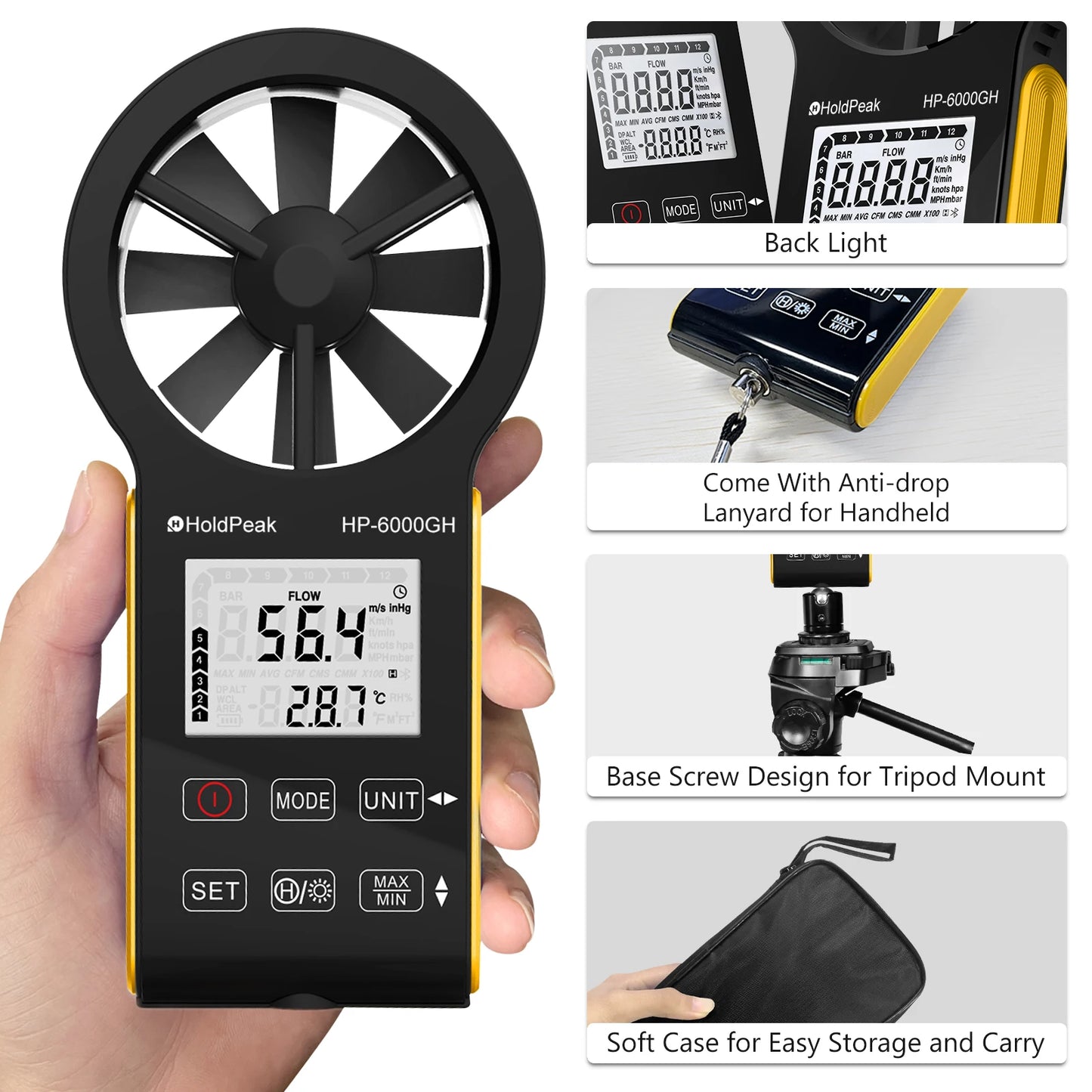 Digital Anemometer with Temperature & Airflow Measurement, Backlight, MAX/MIN, Type-C Charging, IP67 Waterproof for HVAC/Drones