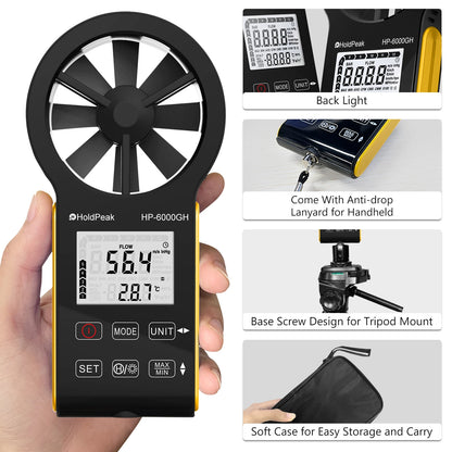Digital Anemometer with Temperature & Airflow Measurement, Backlight, MAX/MIN, Type-C Charging, IP67 Waterproof for HVAC/Drones