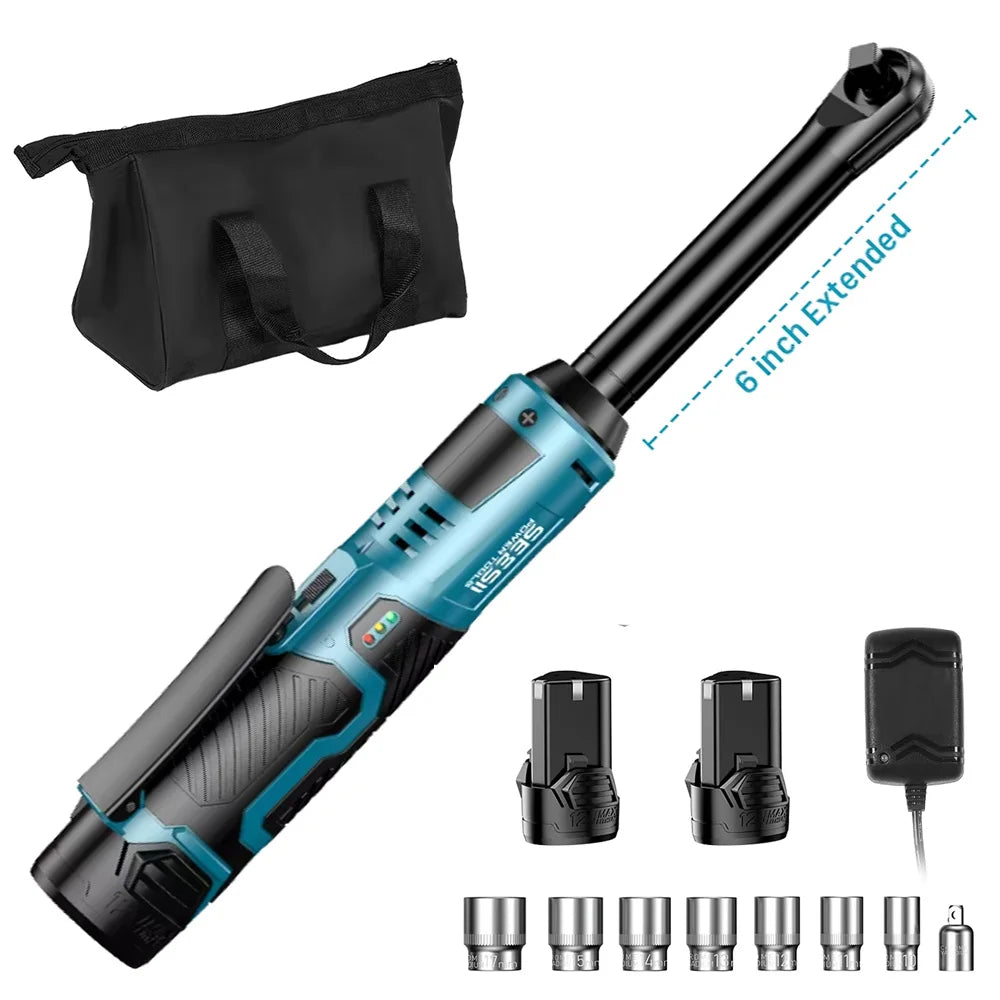 Seesii 12V Cordless Extended Ratchet Wrench – 6" Long Reach, 54N.m, 3/8" Drive, 2 Batteries Included