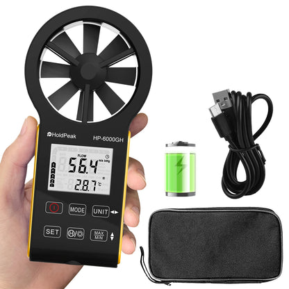 Digital Anemometer with Temperature & Airflow Measurement, Backlight, MAX/MIN, Type-C Charging, IP67 Waterproof for HVAC/Drones