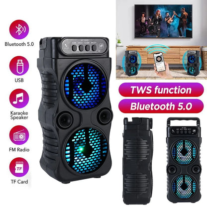 Portable Dual-Driver Bluetooth Speaker – 2.0 Stereo, Bass Boost, USB & Battery Powered | Camping, Party, Karaoke