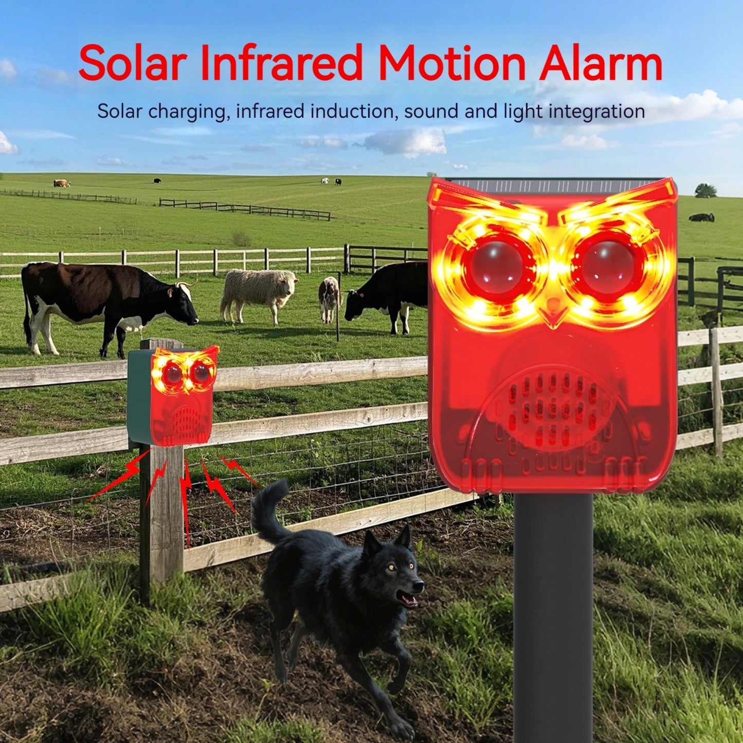 Solar Outdoor Motion Sensor Alarm Dog Barking&Gunshot Sound Loud Noise Maker Deter Raccoons Deer Skunks Bears Coyotes