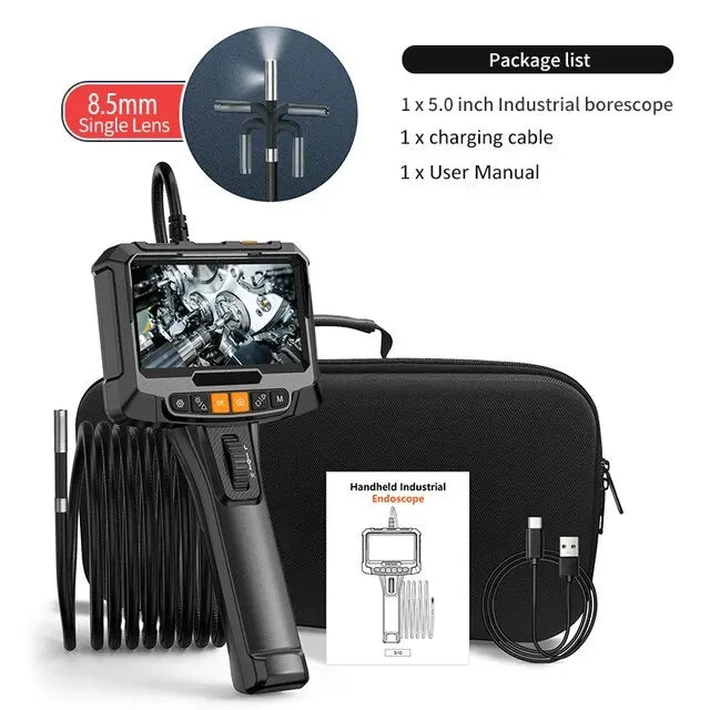 360° Articulating Industrial Endoscope Borescope – 1080P, 5" IPS, Single/Dual Lens, IP67, 8.5mm/6mm Probe