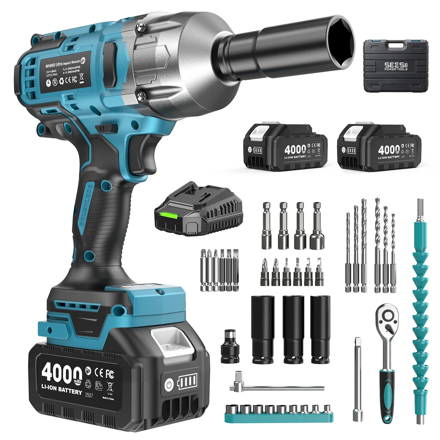 SEESII WH860 1300N.m Cordless Impact Wrench Kit – 3-in-1 Brushless, 2x4Ah Batteries, 30+ Piece Set