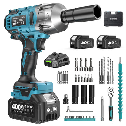 SEESII WH860 1300N.m Cordless Impact Wrench Kit – 3-in-1 Brushless, 2x4Ah Batteries, 30+ Piece Set