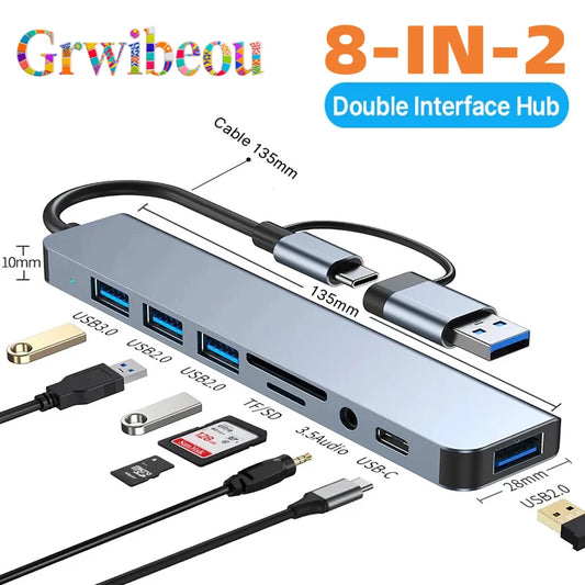 8-in-2 USB-C Hub – USB 3.0, USB 2.0 x3, USB-C, SD/TF Card Reader, 3.5mm Audio, Aluminum Docking Station