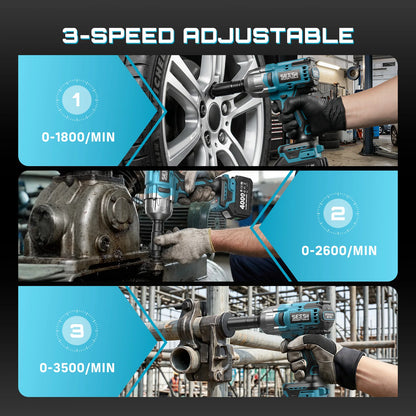 SEESII WH860 1300N.m Cordless Impact Wrench Kit – 3-in-1 Brushless, 2x4Ah Batteries, 30+ Piece Set