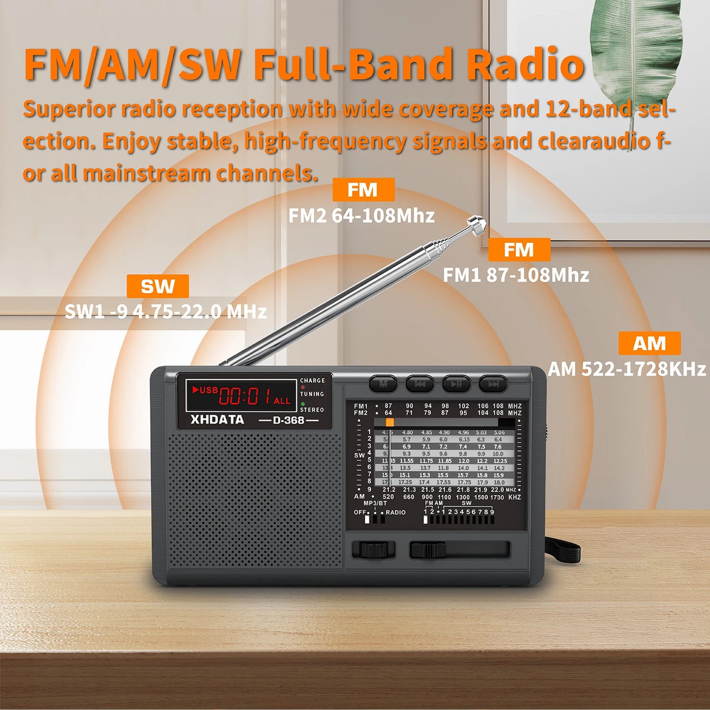 XHDATA D-368 Portable AM/FM/SW 12-Band Radio – Bluetooth, MP3, TF Card, USB, Type-C Charging | DSP Chip