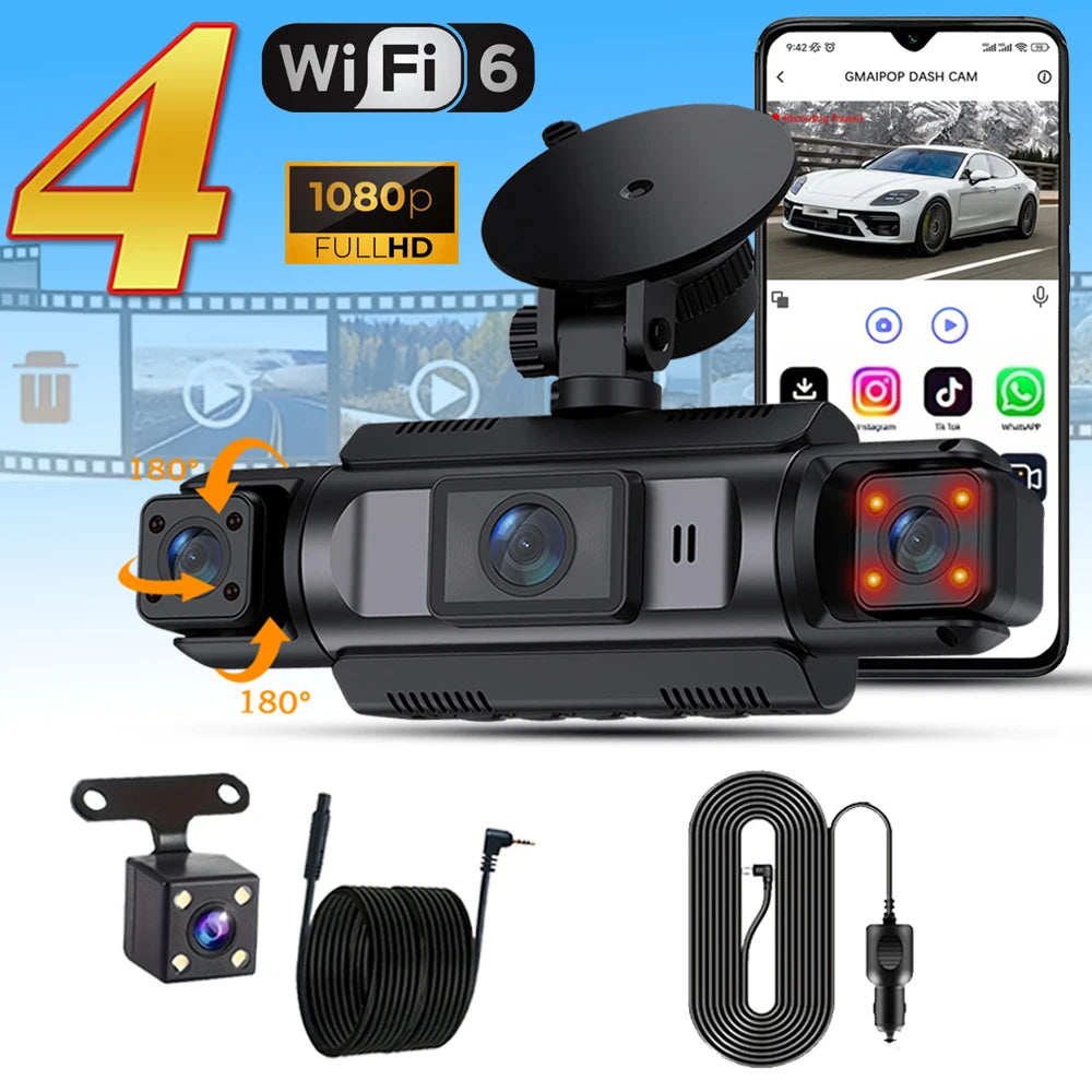 4-Channel WiFi Dashcam – 1080P FHD, Front/Left/Right/Rear, Night Vision, Loop Recording, G-Sensor