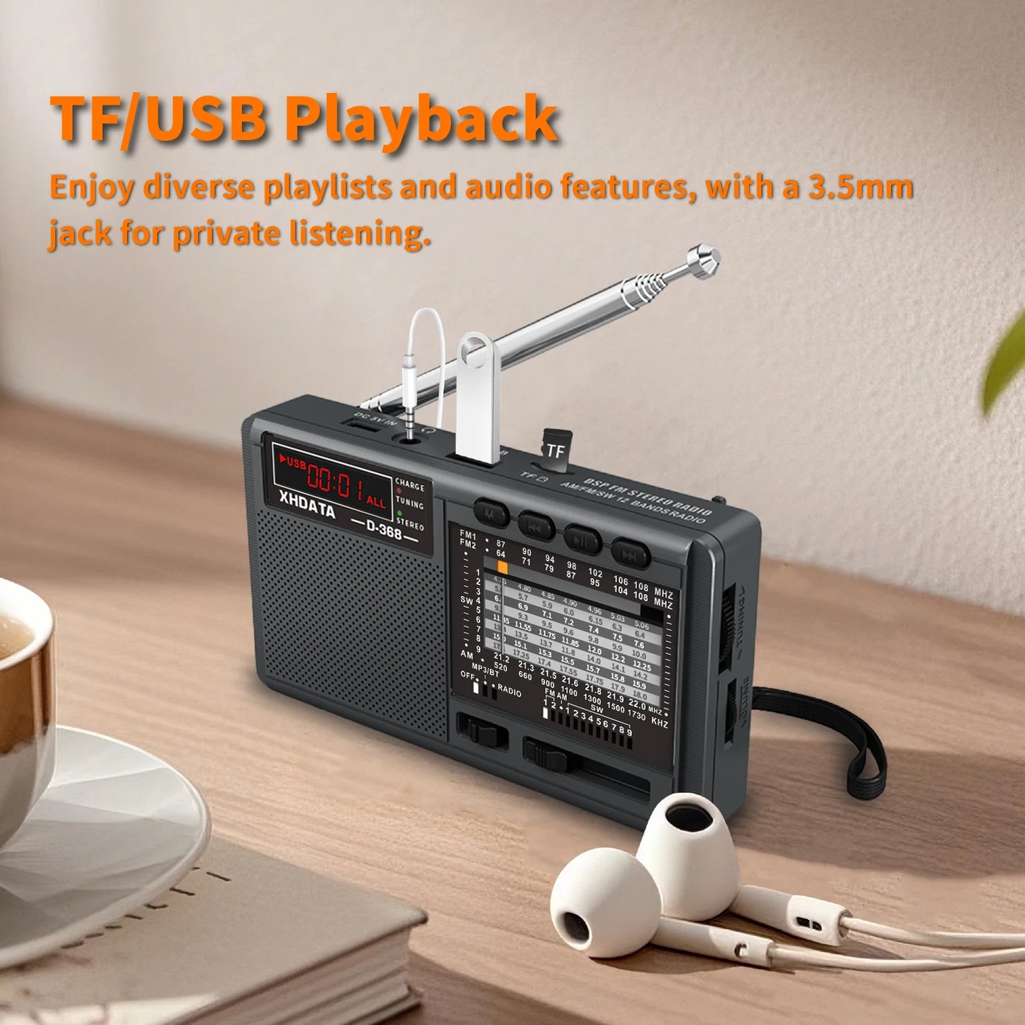 XHDATA D-368 Portable AM/FM/SW 12-Band Radio – Bluetooth, MP3, TF Card, USB, Type-C Charging | DSP Chip