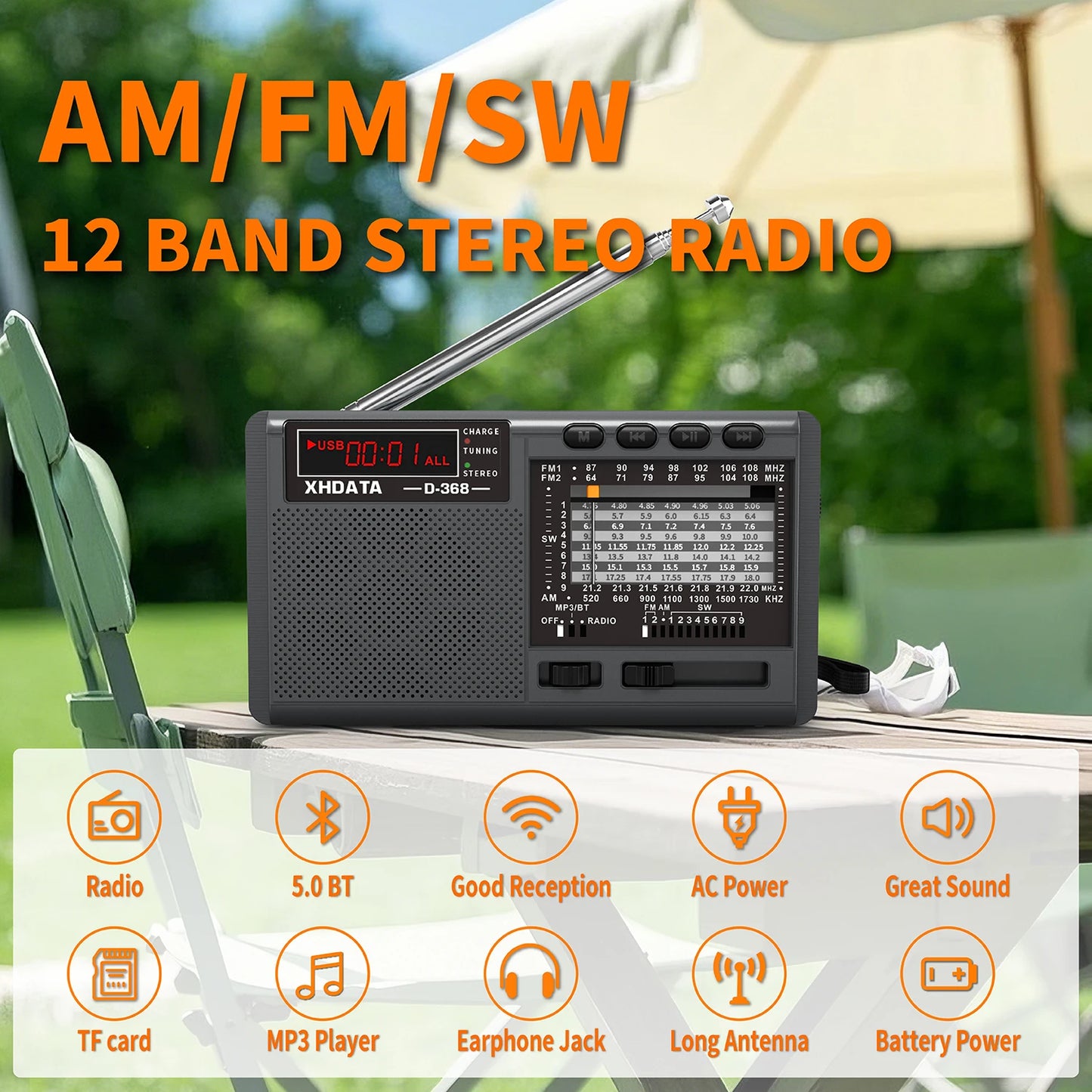 XHDATA D-368 Portable AM/FM/SW 12-Band Radio – Bluetooth, MP3, TF Card, USB, Type-C Charging | DSP Chip