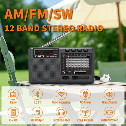 XHDATA D-368 Portable AM/FM/SW 12-Band Radio – Bluetooth, MP3, TF Card, USB, Type-C Charging | DSP Chip