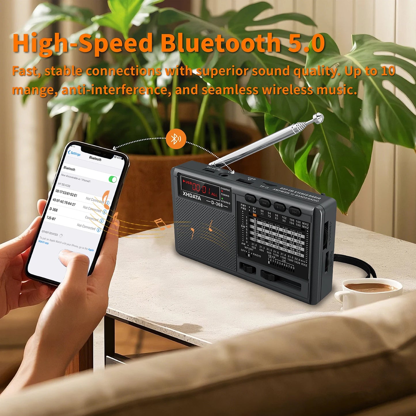 XHDATA D-368 Portable AM/FM/SW 12-Band Radio – Bluetooth, MP3, TF Card, USB, Type-C Charging | DSP Chip
