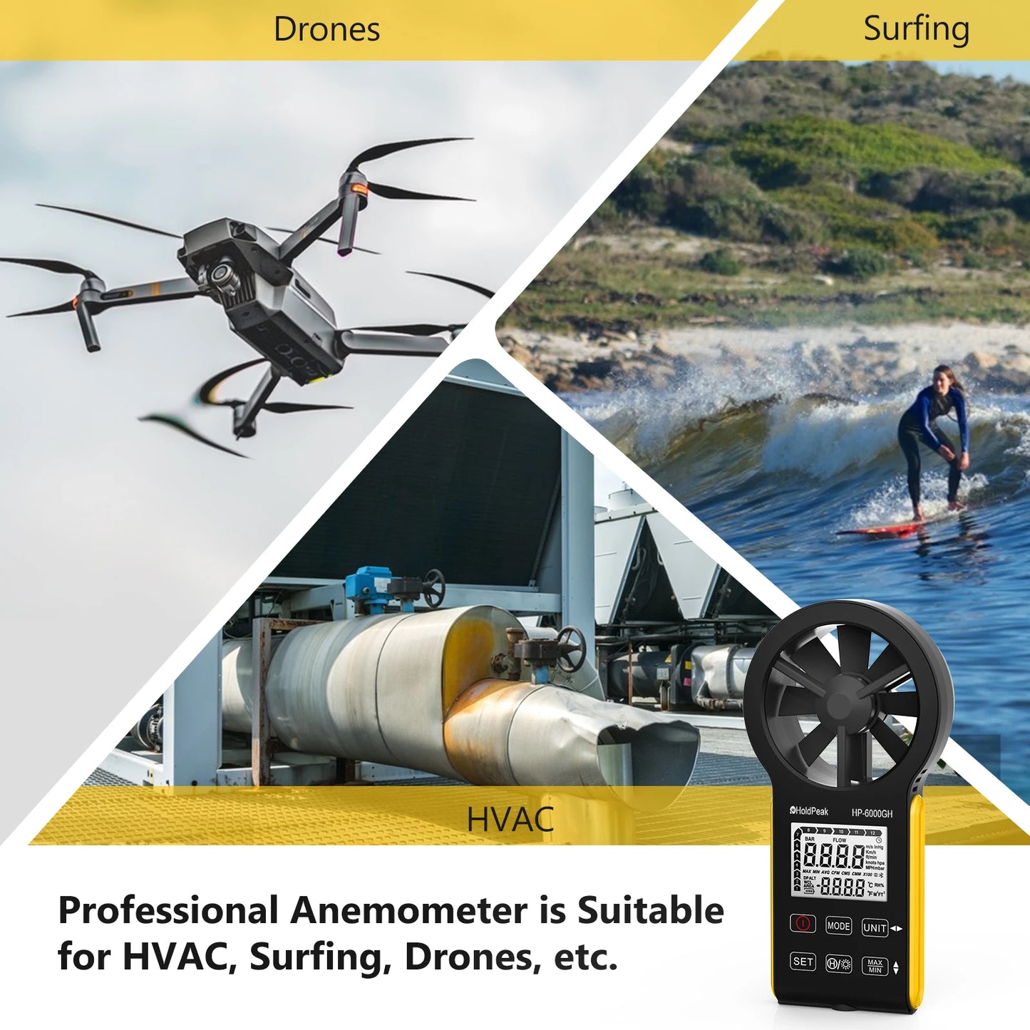 Digital Anemometer with Temperature & Airflow Measurement, Backlight, MAX/MIN, Type-C Charging, IP67 Waterproof for HVAC/Drones