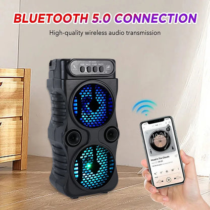 Portable Dual-Driver Bluetooth Speaker – 2.0 Stereo, Bass Boost, USB & Battery Powered | Camping, Party, Karaoke