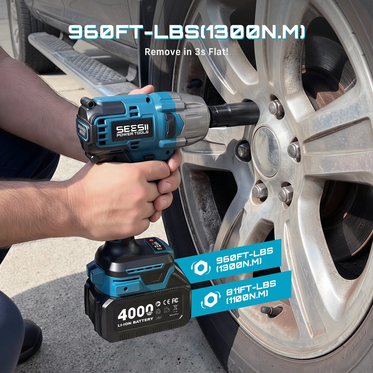 SEESII WH860 1300N.m Cordless Impact Wrench Kit – 3-in-1 Brushless, 2x4Ah Batteries, 30+ Piece Set
