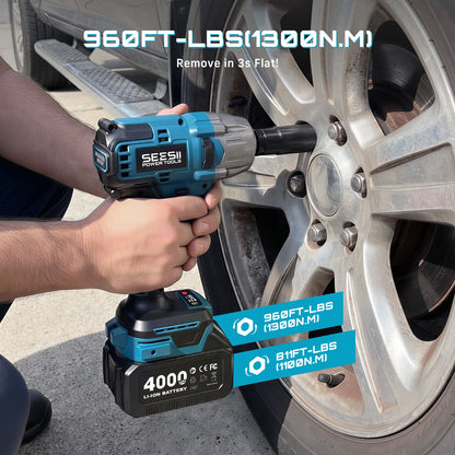 SEESII WH860 1300N.m Cordless Impact Wrench Kit – 3-in-1 Brushless, 2x4Ah Batteries, 30+ Piece Set