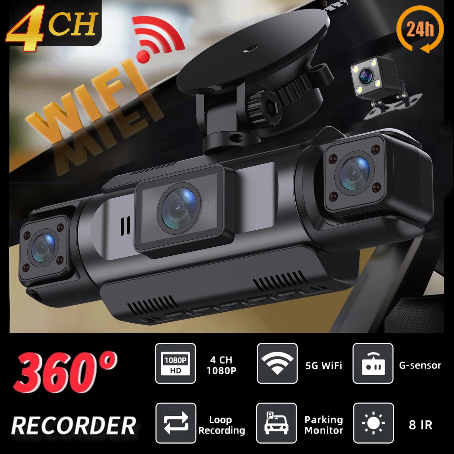 4-Channel WiFi Dashcam – 1080P FHD, Front/Left/Right/Rear, Night Vision, Loop Recording, G-Sensor