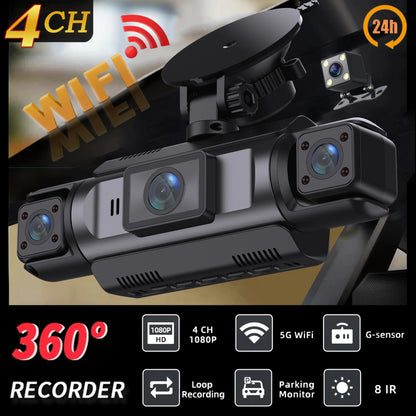 4-Channel WiFi Dashcam – 1080P FHD, Front/Left/Right/Rear, Night Vision, Loop Recording, G-Sensor