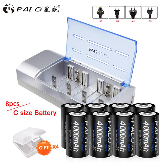 PALO 4-12pcs R14 C Cell Battery C Size Rechargeable Battery 1.2V NI-MH C Type Batteries+ intelligent fast charging LED charger