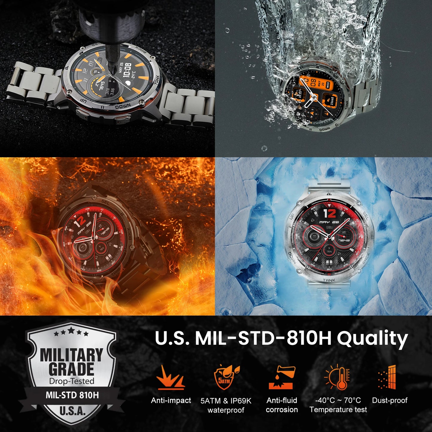 KOSPET TANK T3 Ultra 2 GPS Rugged Smartwatch – AMOLED, Bluetooth Calling, 5ATM Waterproof