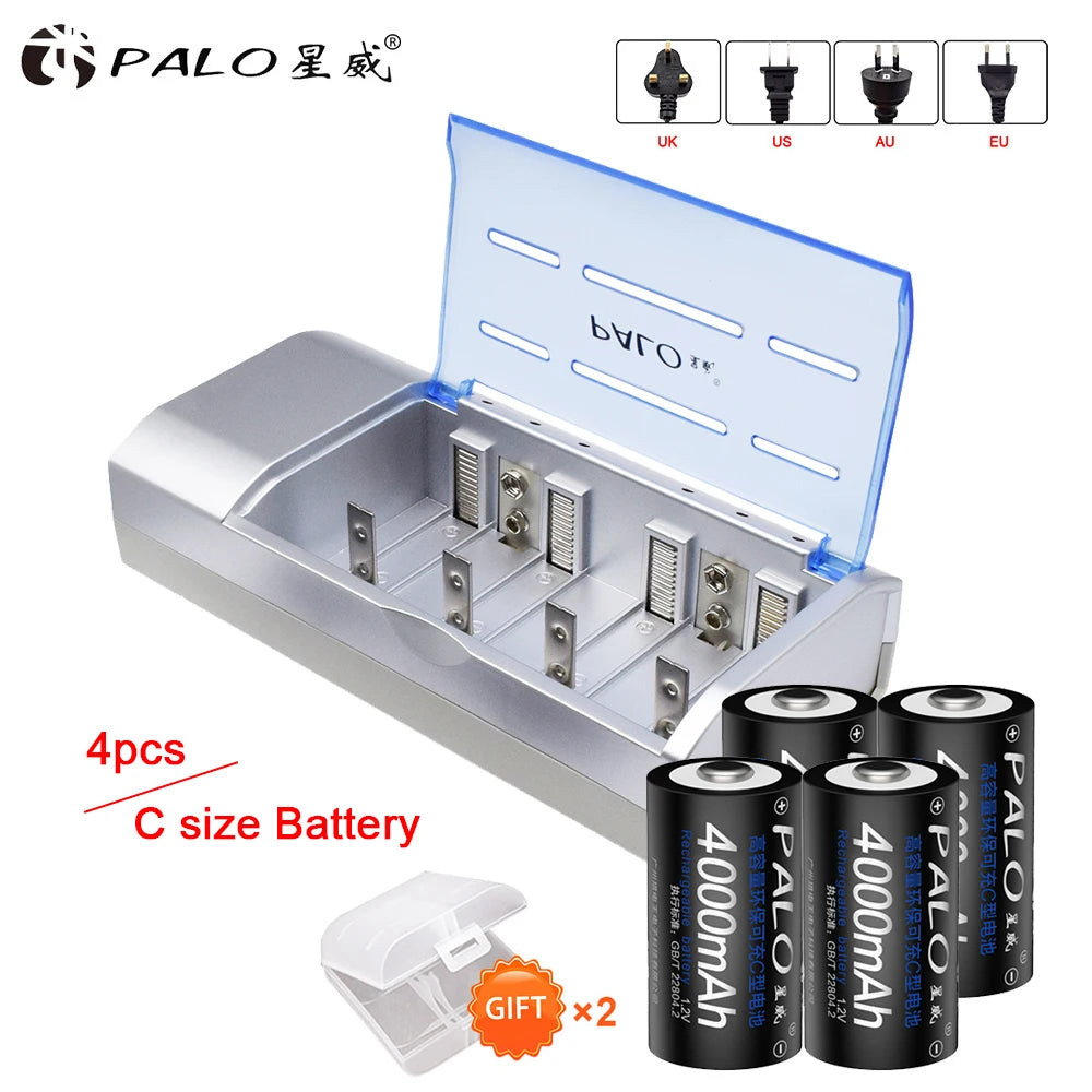 PALO 4-12pcs R14 C Cell Battery C Size Rechargeable Battery 1.2V NI-MH C Type Batteries+ intelligent fast charging LED charger