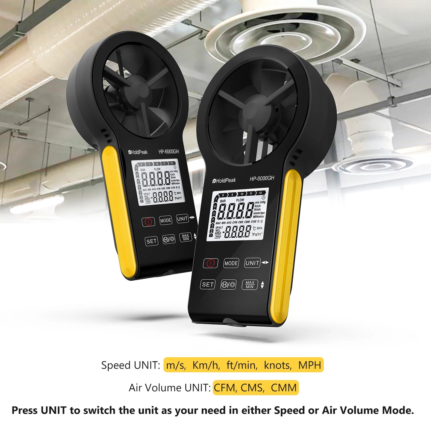 Digital Anemometer with Temperature & Airflow Measurement, Backlight, MAX/MIN, Type-C Charging, IP67 Waterproof for HVAC/Drones