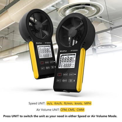 Digital Anemometer with Temperature & Airflow Measurement, Backlight, MAX/MIN, Type-C Charging, IP67 Waterproof for HVAC/Drones