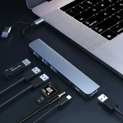 8-in-2 USB-C Hub – USB 3.0, USB 2.0 x3, USB-C, SD/TF Card Reader, 3.5mm Audio, Aluminum Docking Station