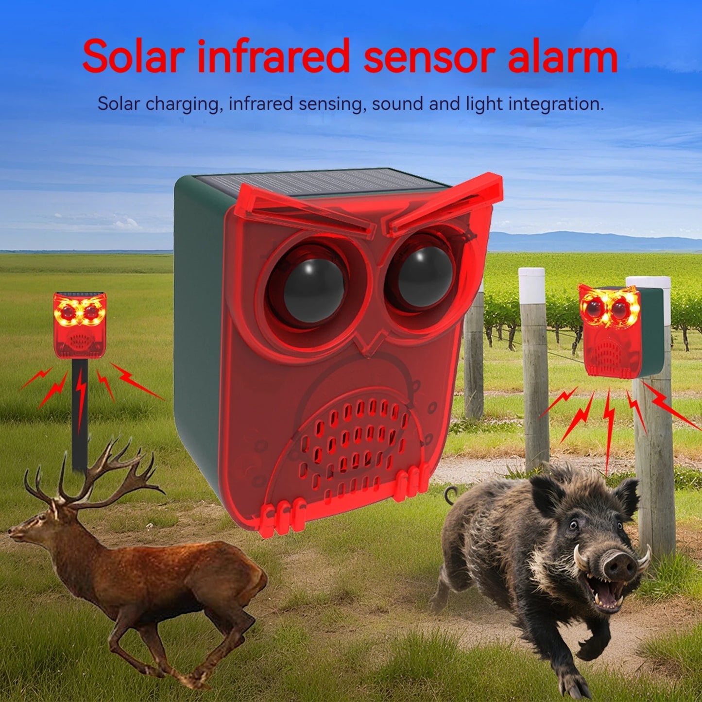 Solar Outdoor Motion Sensor Alarm Dog Barking&Gunshot Sound Loud Noise Maker Deter Raccoons Deer Skunks Bears Coyotes