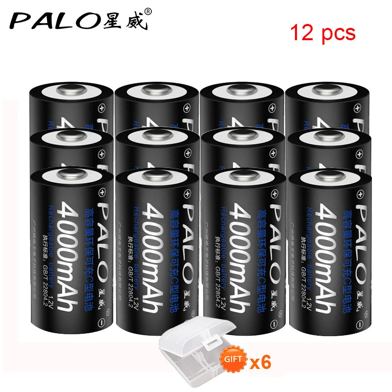PALO 4-12pcs R14 C Cell Battery C Size Rechargeable Battery 1.2V NI-MH C Type Batteries+ intelligent fast charging LED charger