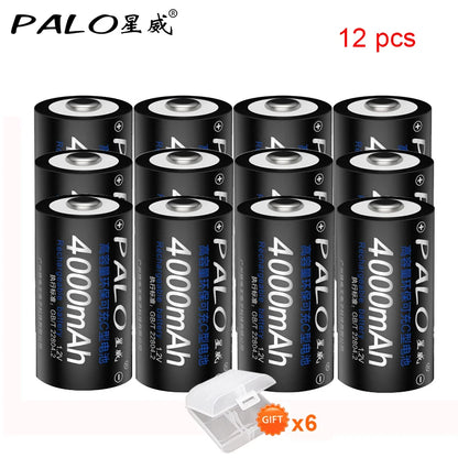 PALO 4-12pcs R14 C Cell Battery C Size Rechargeable Battery 1.2V NI-MH C Type Batteries+ intelligent fast charging LED charger
