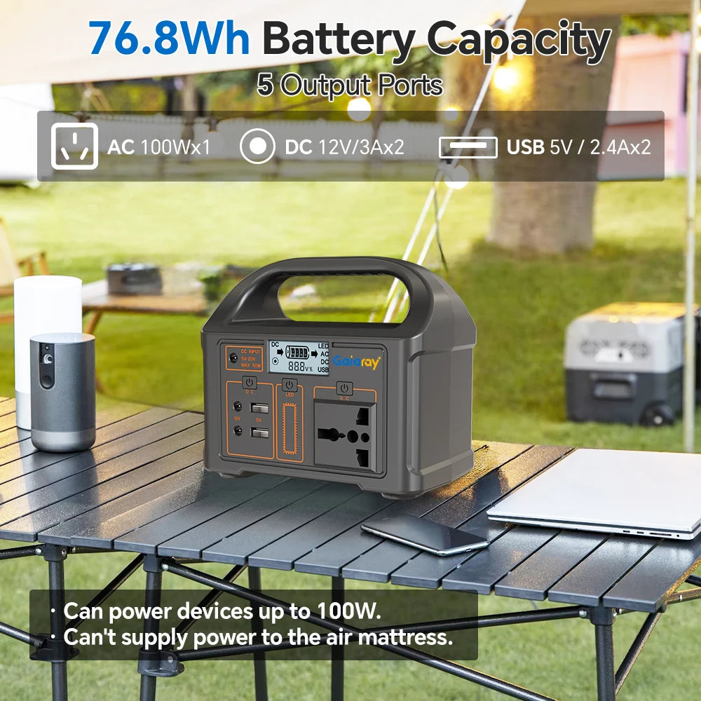 GaiaRay 100W Portable Power Station – 76.8Wh LiFePO4 Solar Generator for Camping & Emergencies