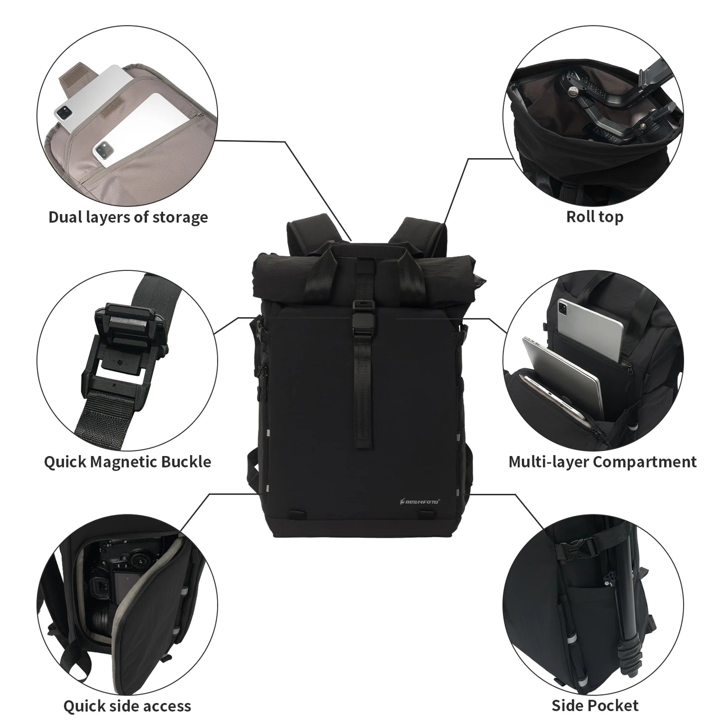 Besnfoto Expandable Roll Top Waterproof Camera Backpack for DSLR SLR Mirrorless Drones, Fits 16'' Laptop with Tripod Holder