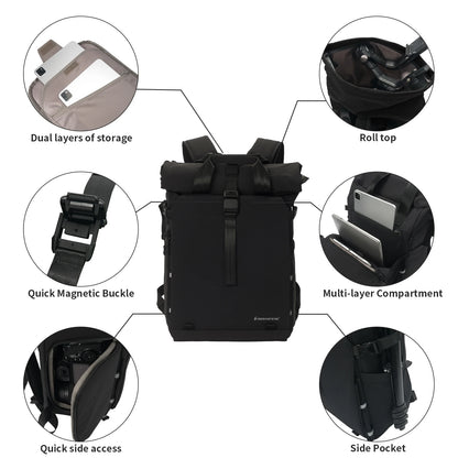 Besnfoto Expandable Roll Top Waterproof Camera Backpack for DSLR SLR Mirrorless Drones, Fits 16'' Laptop with Tripod Holder