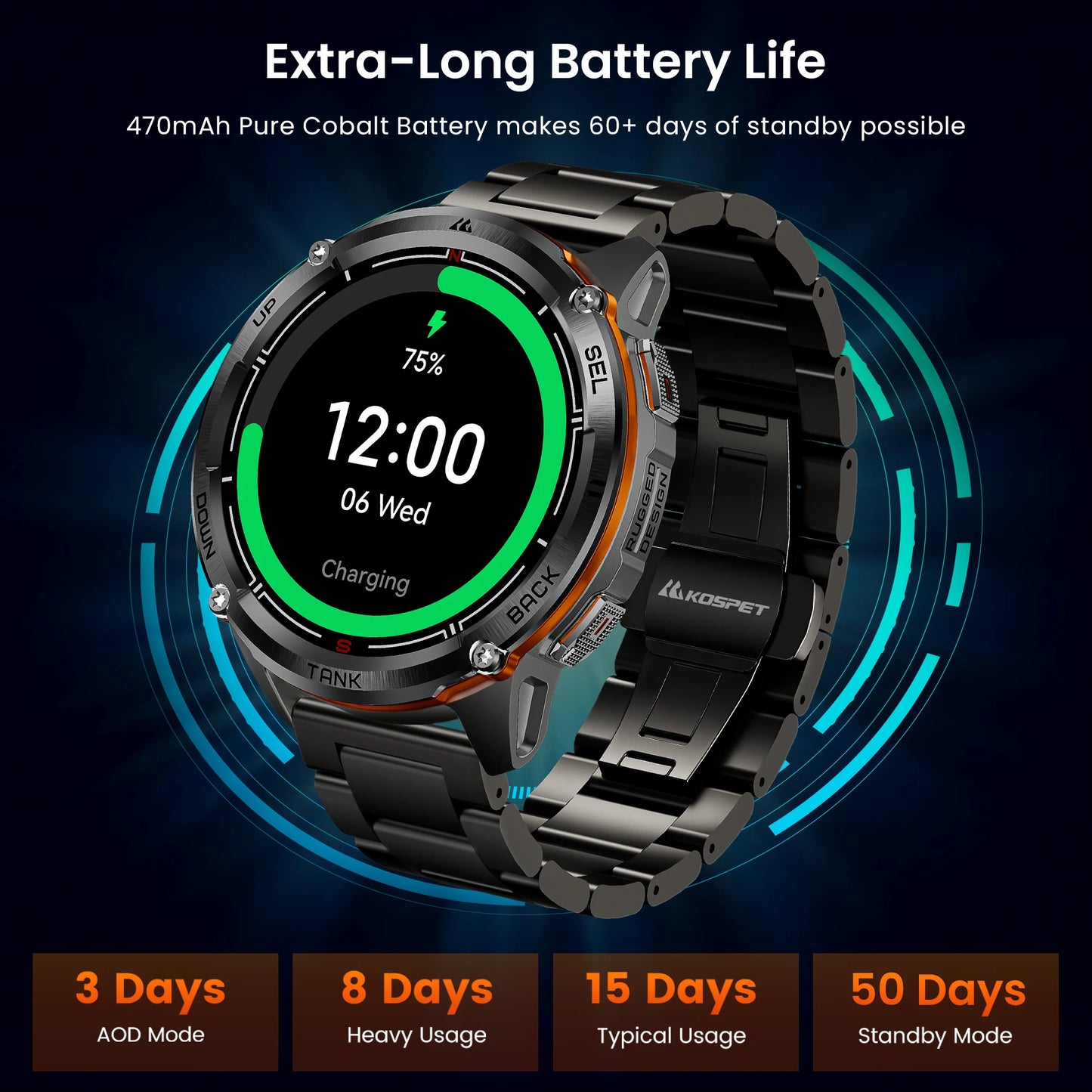 KOSPET TANK T3 Ultra 2 GPS Rugged Smartwatch – AMOLED, Bluetooth Calling, 5ATM Waterproof