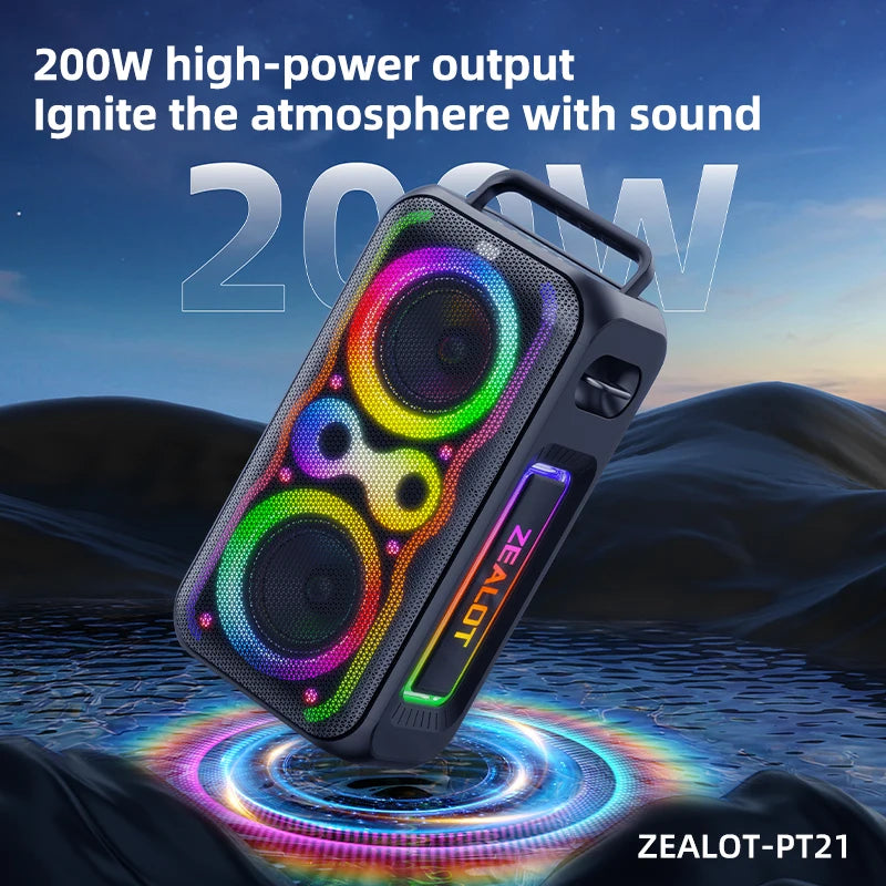 ZEALOT PT21 200W Portable Bluetooth Speaker – 48000mAh, Bass Boost, Stereo Pairing, Reverse Charging, Waterproof