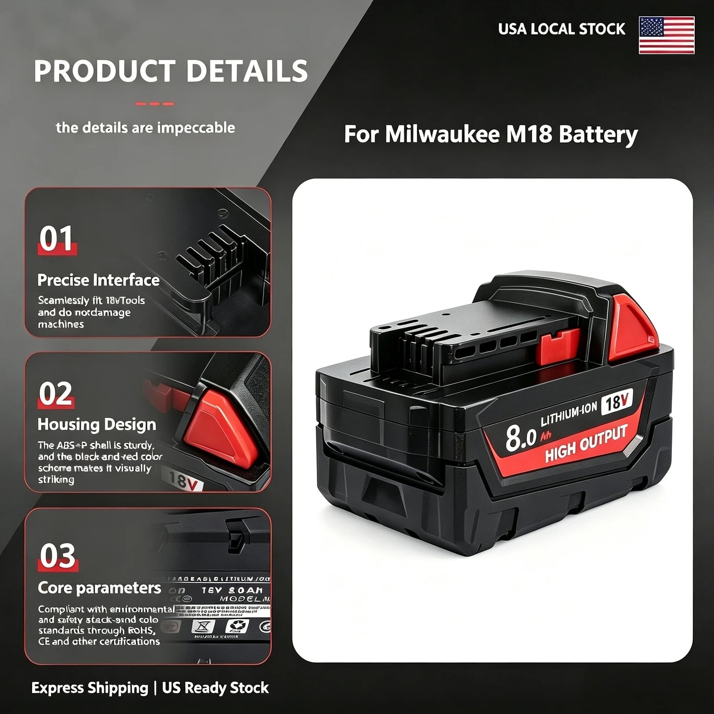 Milwaukee M18 8.0Ah 18V Li-ion Replacement Battery – 1, 2 & 4-Pack Compatible with 48-11-1880