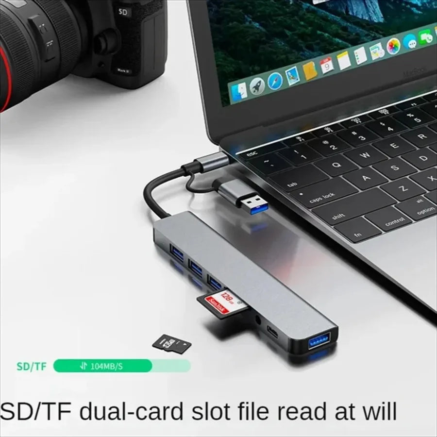8-in-2 USB-C Hub – USB 3.0, USB 2.0 x3, USB-C, SD/TF Card Reader, 3.5mm Audio, Aluminum Docking Station