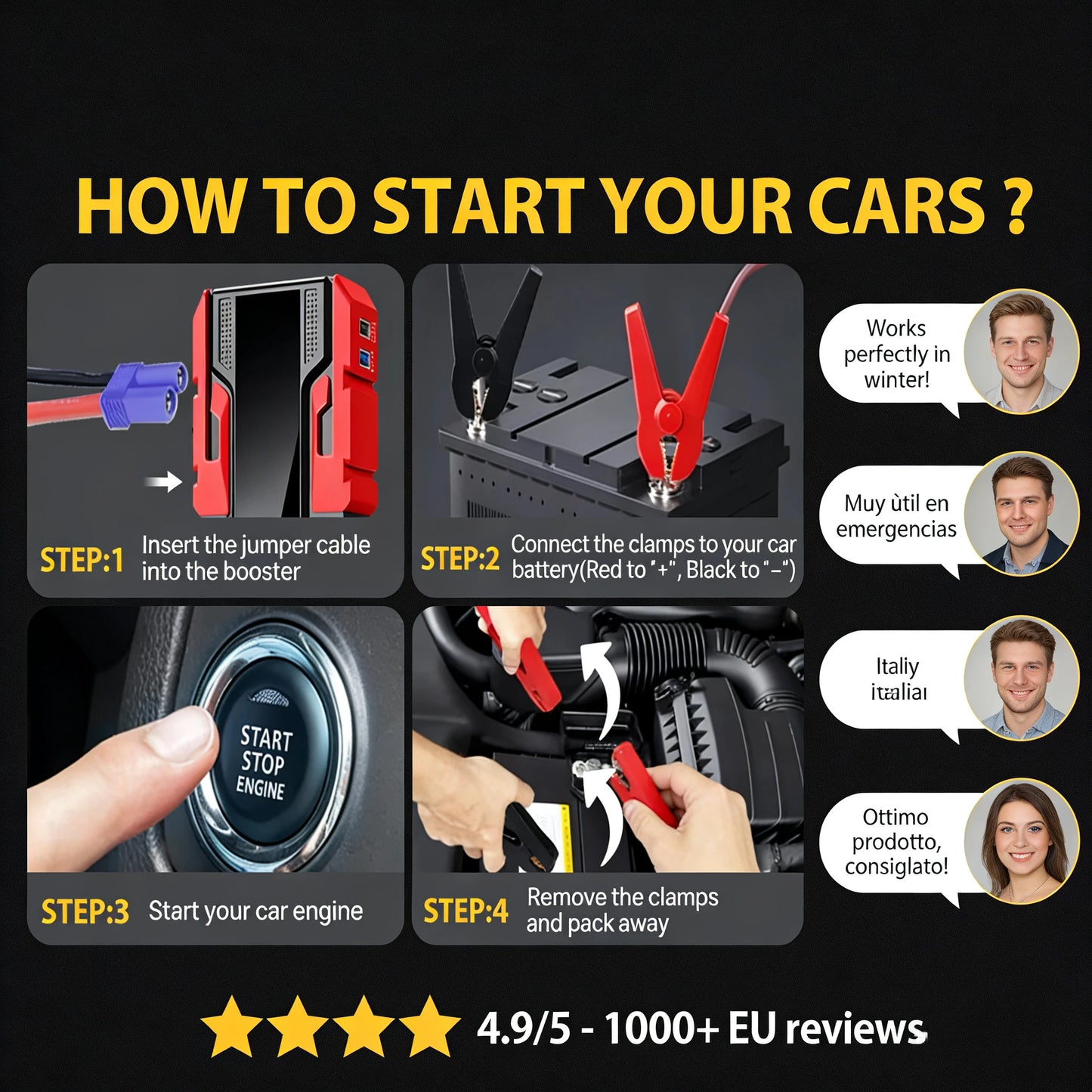 3000A Car Jump Starter – 99800mAh Portable Power Bank, 12V Booster for Gas (6.0L) & Diesel (4.0L) Engines