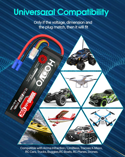 2Pcs HOOVO 3S Lipo Battery 11.1V 10000mAh 120C RC Lipo Battery Softcase EC5 Plug for RC Cars Drones, DJI, FPV, RC Plane, Racing